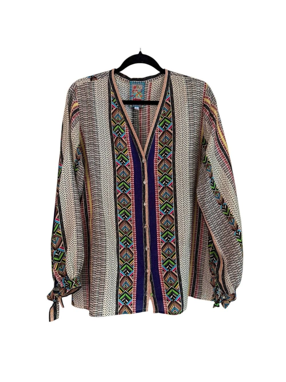 Johnny Was Silk Boho Blouse L Geometric Tribal Print Wrist Tie Button Front